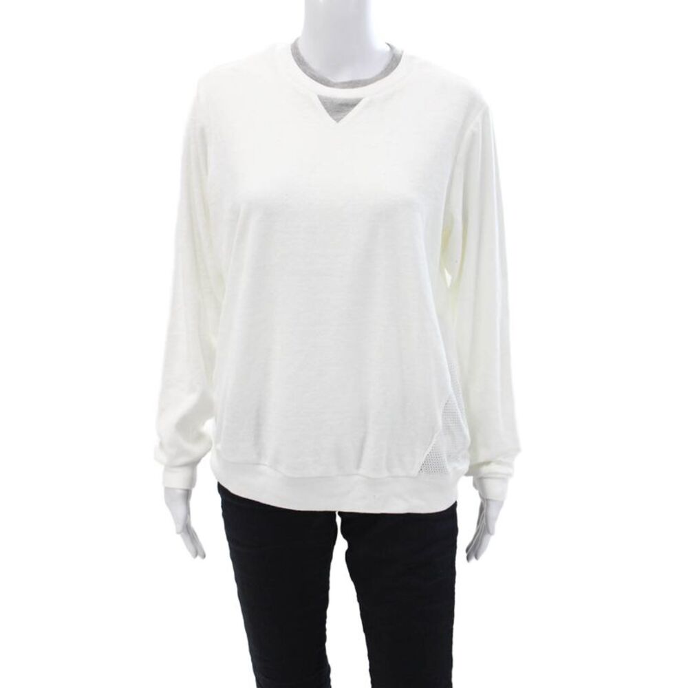 Clu TOO Women's Round Long Sleeves Mesh Inlet Blouse White Size S